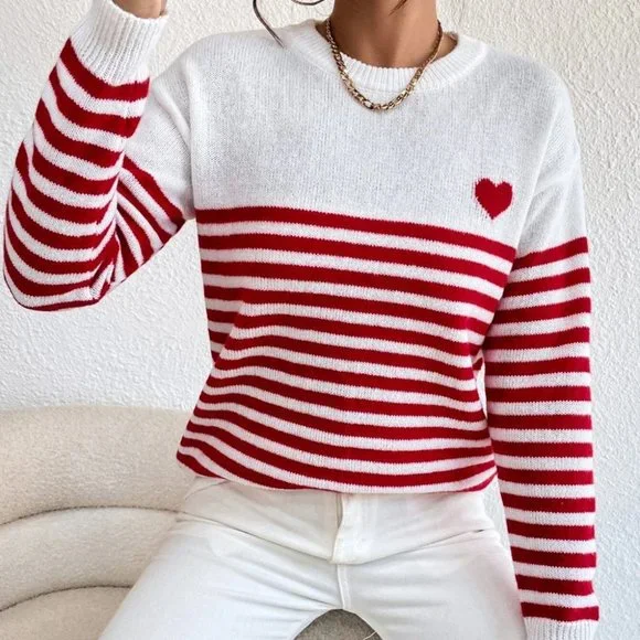 Preppy Womens Heart & Stripe Print Sweater Red And White - Picture 1 of 5
